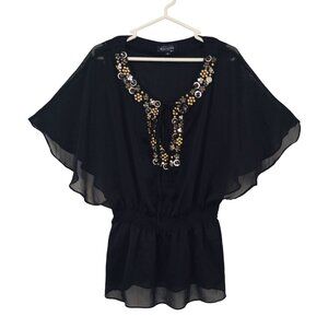 Marineblu Blouse Tunic Preppy Bohemia Black Chiffon Embellished Size M Womens
